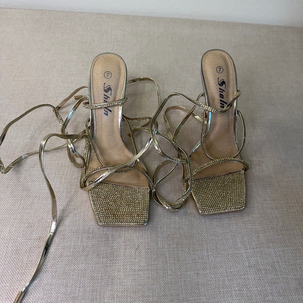 Shein Womens Gold Rhinestone Lace Up Stiletto Sandals Square Toe Heels Size 7